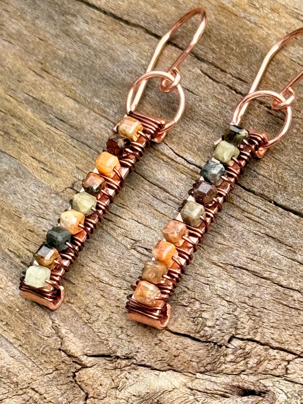 Handcrafted Copper Wire Drop Earrings with Multicolor green Garnet Beads